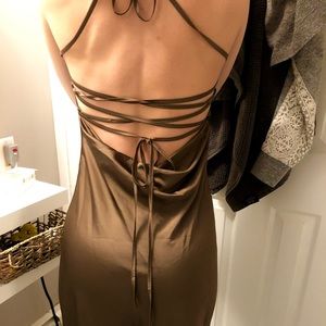 Chocolate Silk Slip Midi Dress Open Back